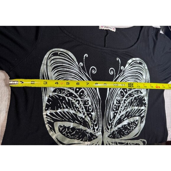 VTG Forever Womens Y2K Black Butterfly Silver Print Tunic Sz L Fairycore Boho - Picture 7 of 9